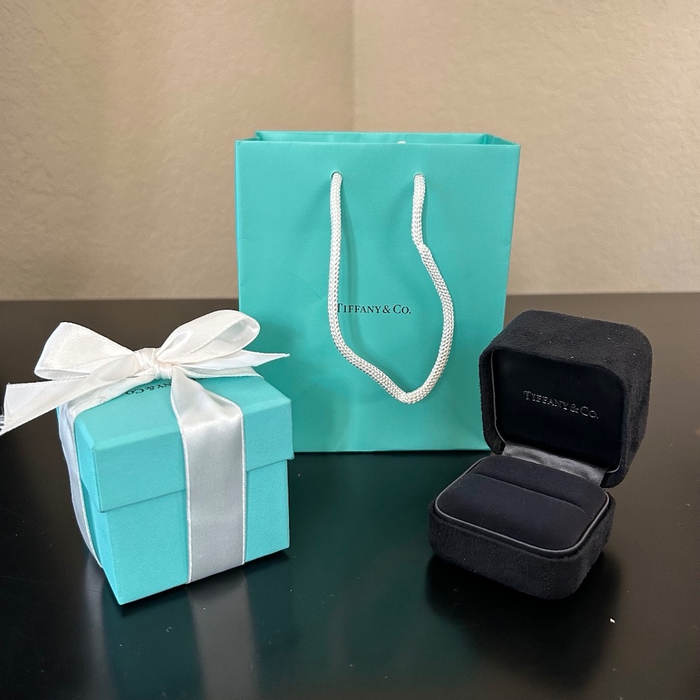 Tiffany & Co. Black Velvet Engagement Ring Box with Blue Box, White Ribbon , Bag